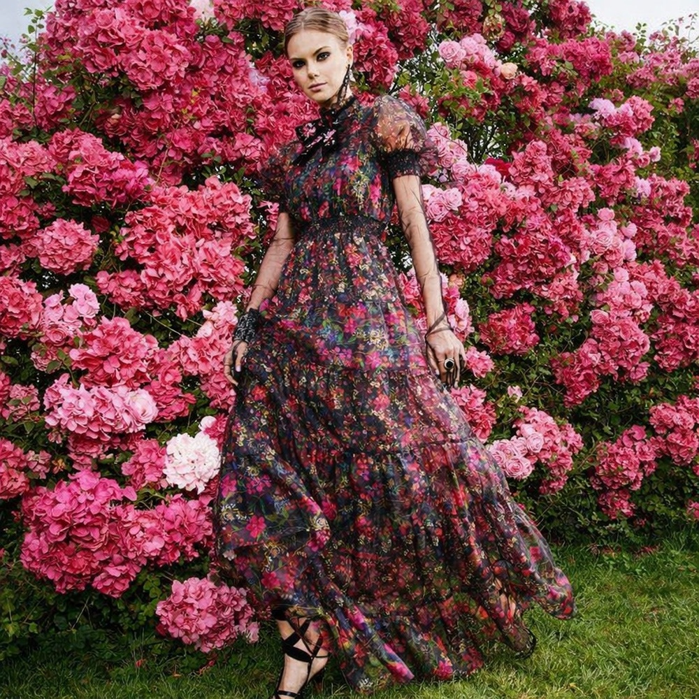 Alice + Olivia Coletta Floral Tulle Gown Silk Black Size 6